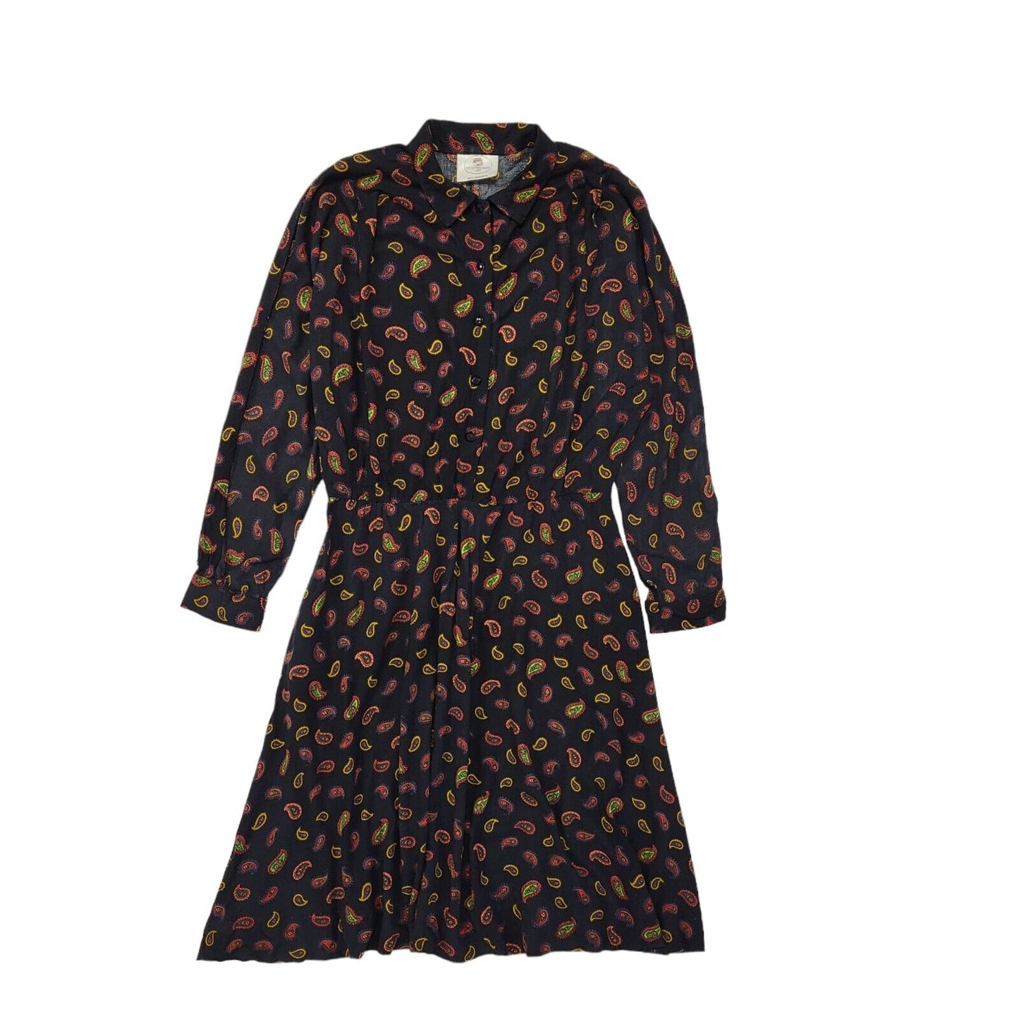 90s Vintage Nightingales Black Paisley Long Sleeve Dress Women's Size 12