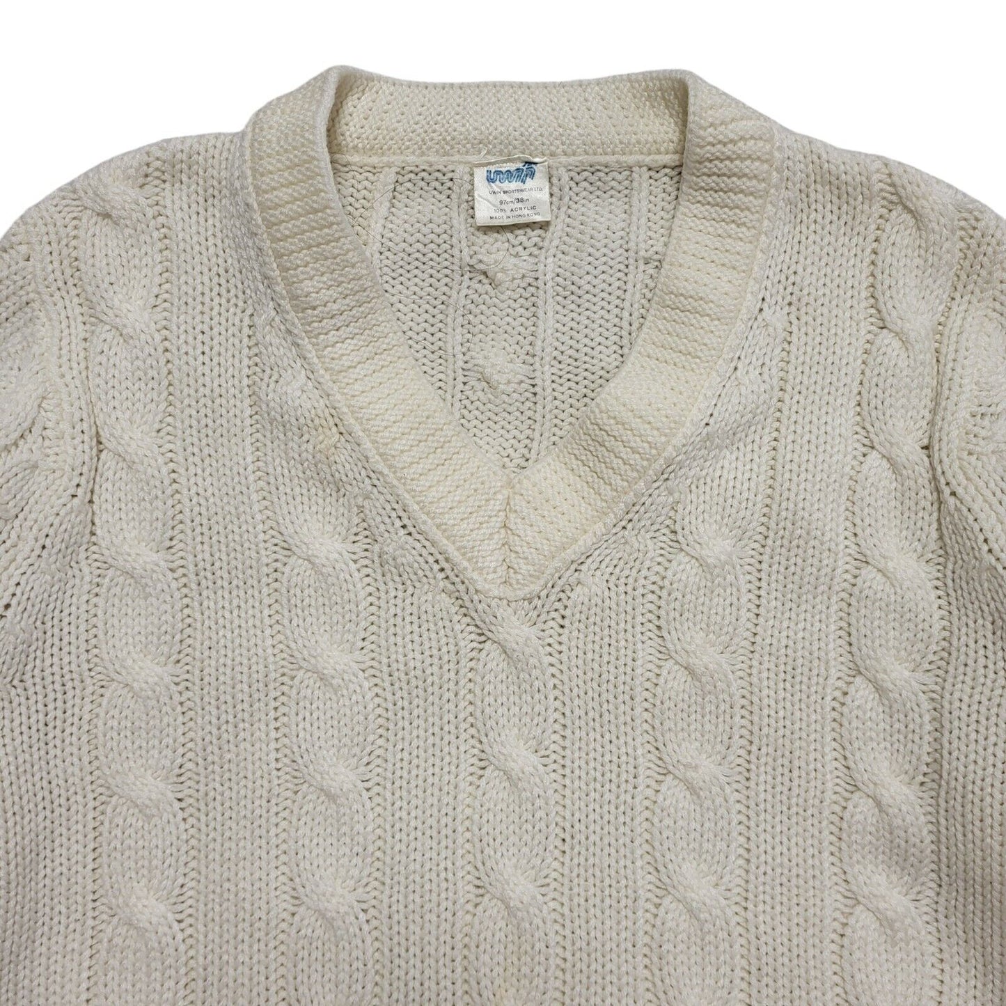 Uwin Vintage 90's Cream V- Neck Knitted Jumper Mens UK Size M