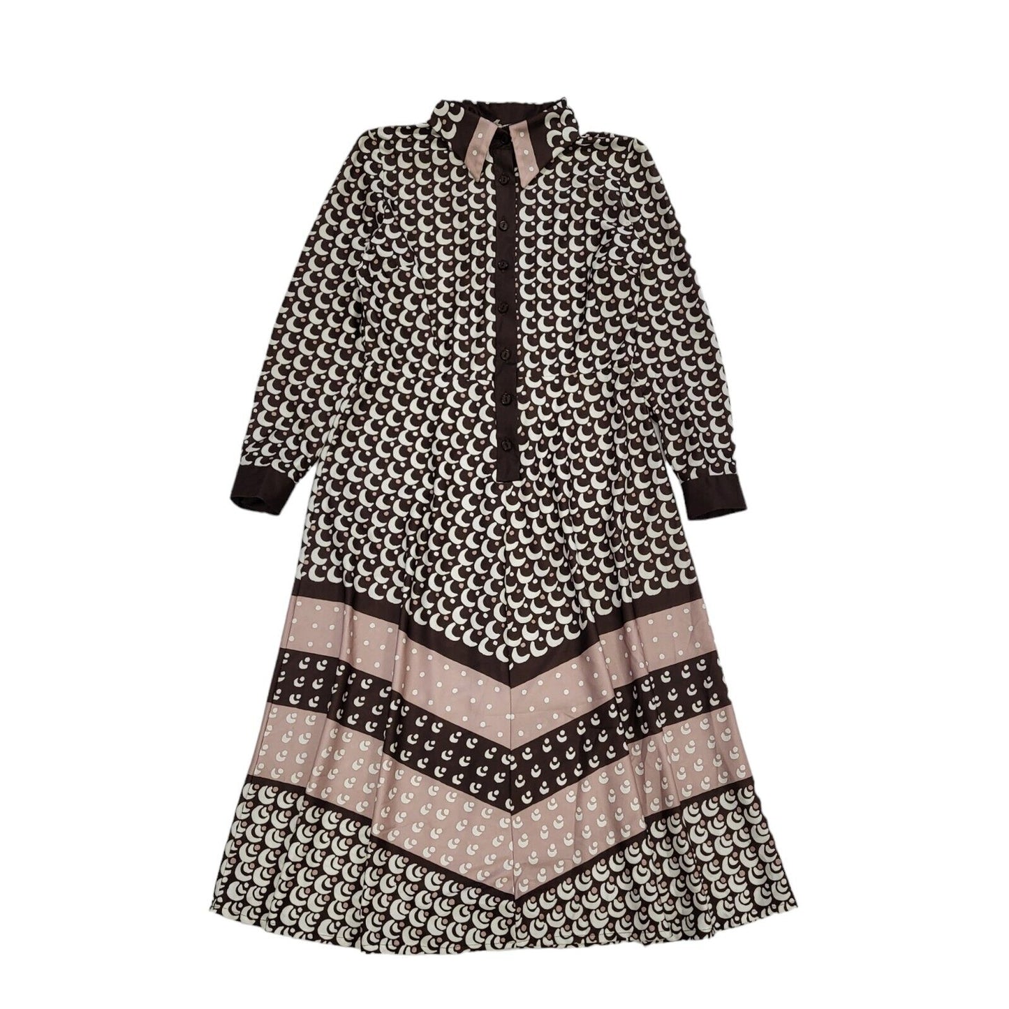 70s Vintage Brown & White Retro Patterned Dress Women's Size 10/12