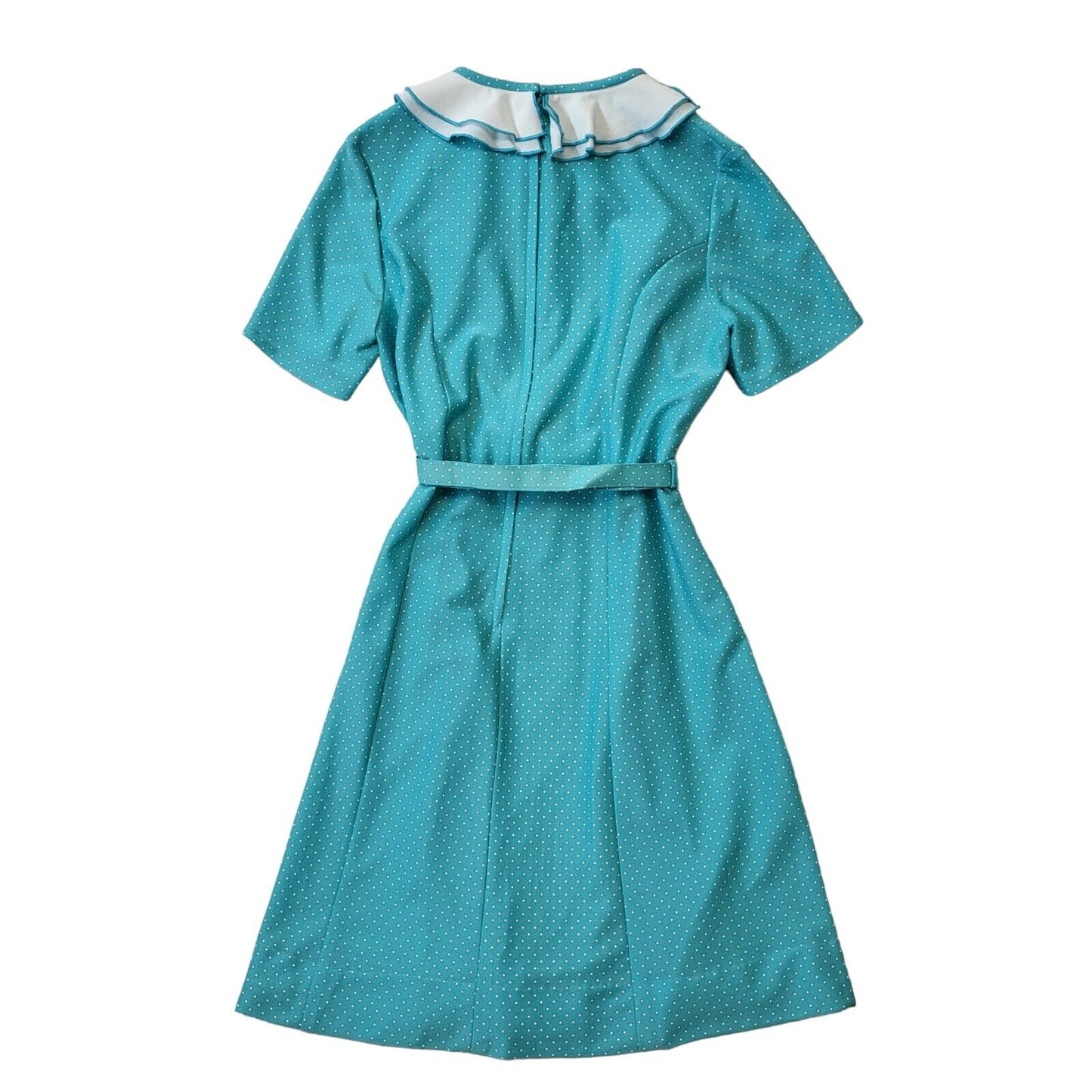 70s Vintage Blue & White Polka Dot Belted Dress Women's Size 14 Eu 42