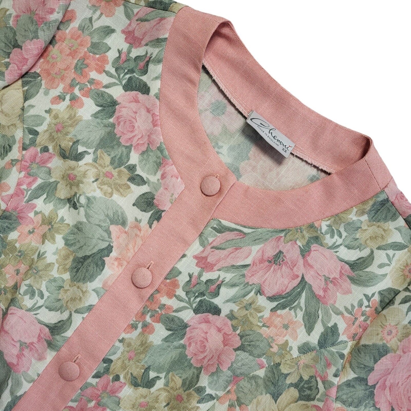 Chemmi Vintage 80's Short Sleeve Pink & Green Floral Shirt Womens UK 22