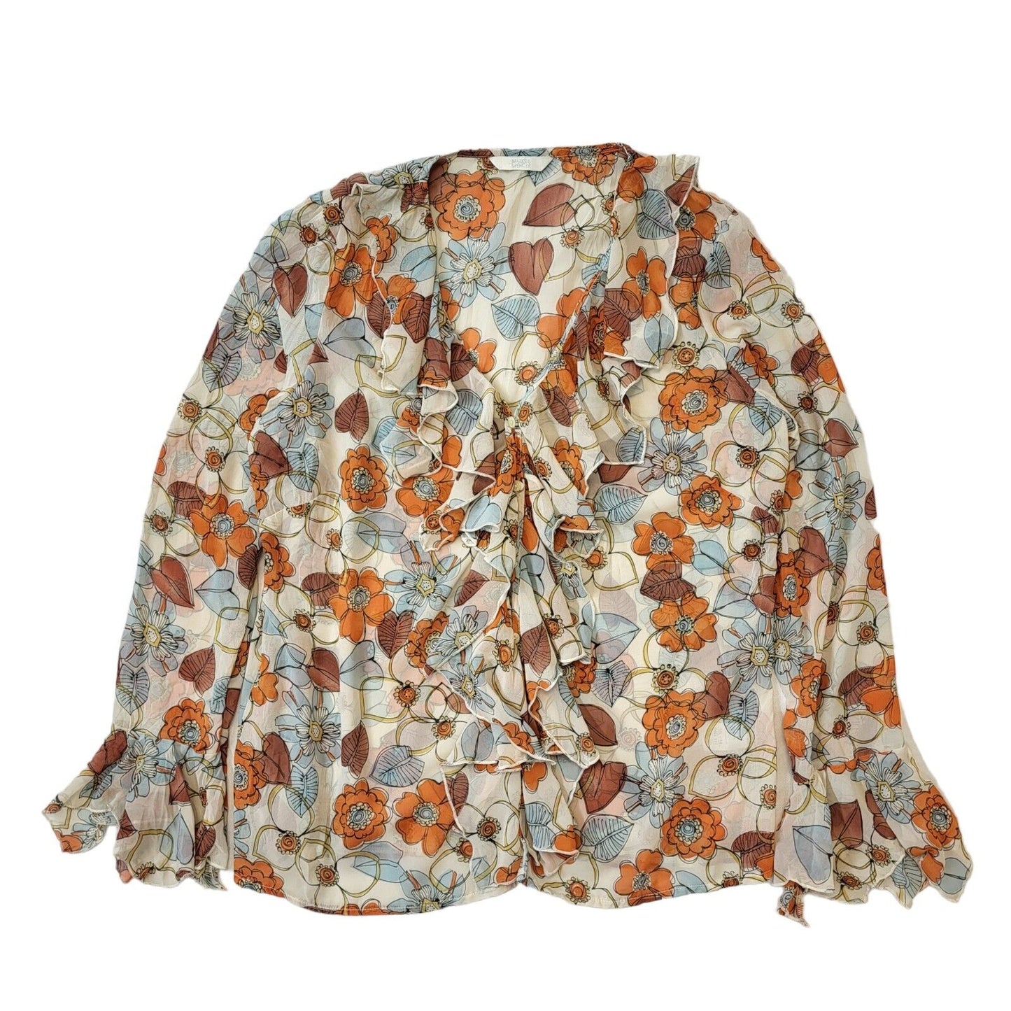 Mark & Spencer Y2K Cream & Orange Floral Ruffle Long Sleeve Blouse Womens UK 16