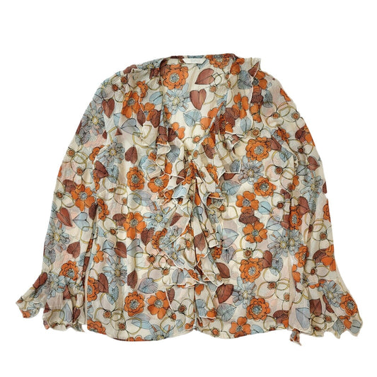 Mark & Spencer Y2K Cream & Orange Floral Ruffle Long Sleeve Blouse Womens UK 16