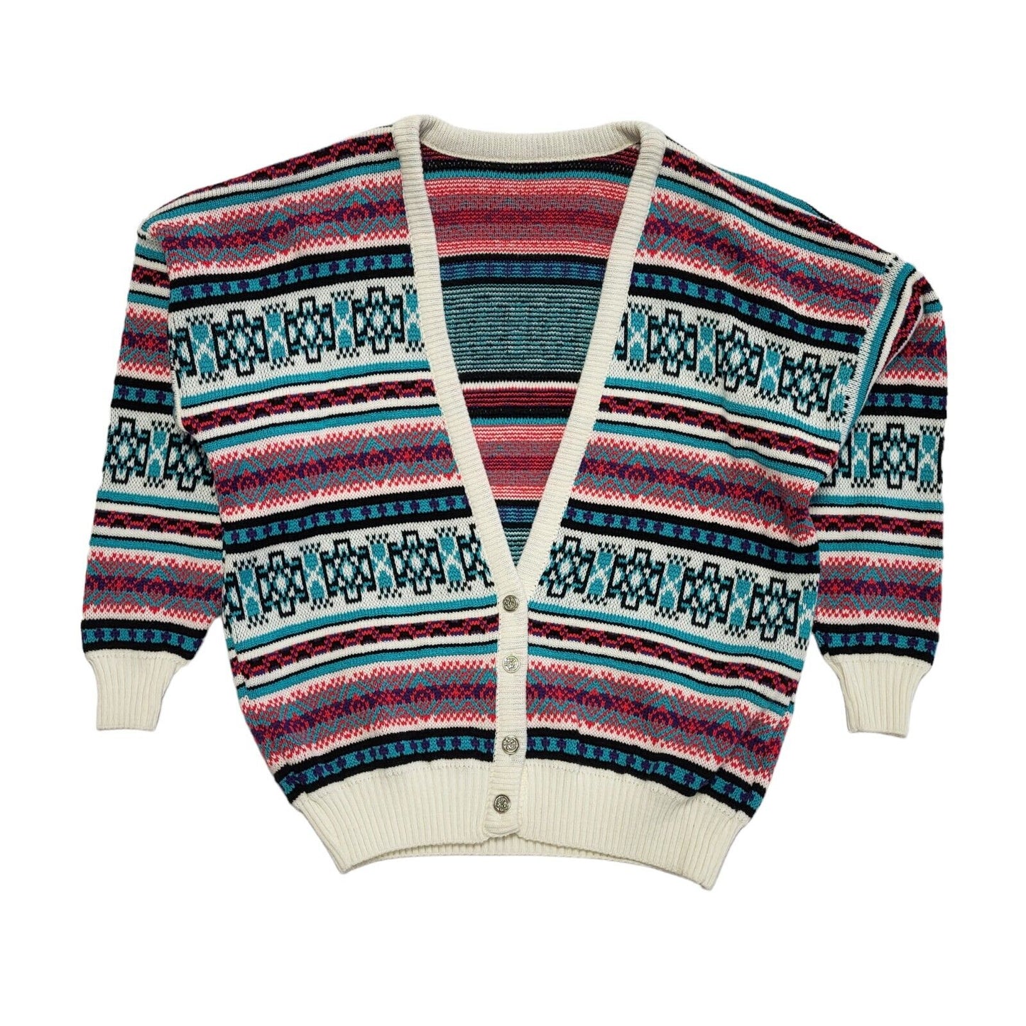 80s Vintage White Pink Blue Button Cardigan Uk Women's Size 14-16