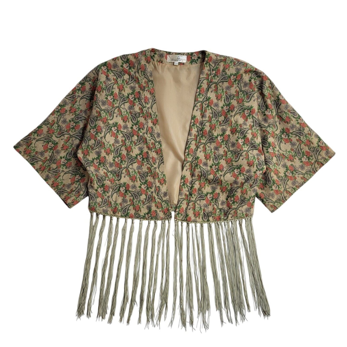 Urmoda 80s Floral Open Front Beige Short Sleeve Jacket Uk Women's Size Small