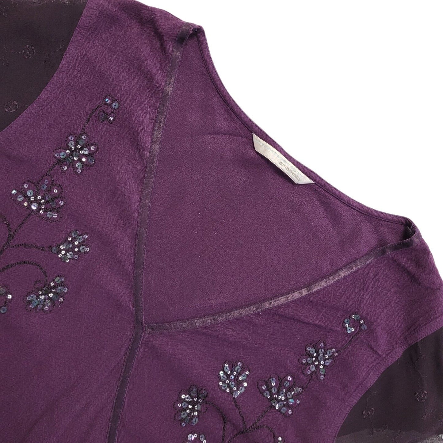 Ameranto Vintage 90s Purple Floral Sequin Short Sleeve Top Womens UK 16