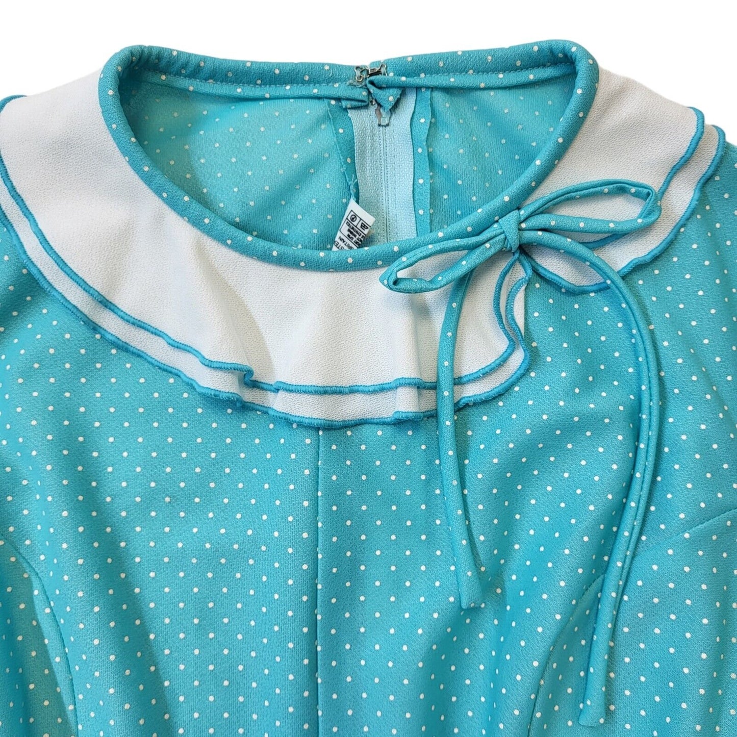 70s Vintage Blue & White Polka Dot Belted Dress Women's Size 14 Eu 42