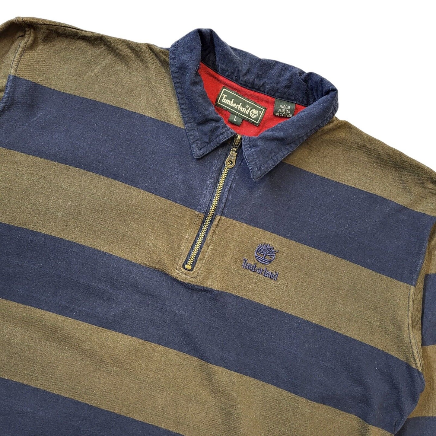 Timberland Brown & Navy Striped Y2k 1/4 Zip Jumper Men's Size Large