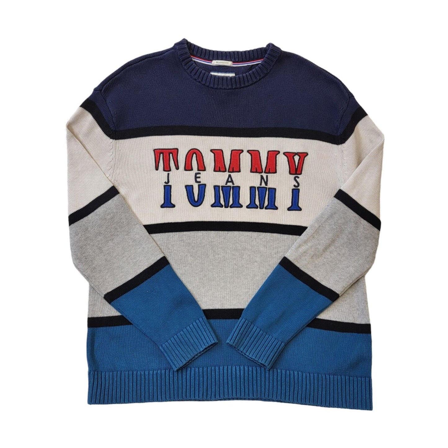 Tommy Jeans Blue & Grey Crew Neck Cotton Jumper Men's Size S