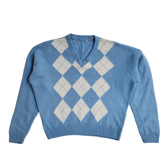 Osit Vintage 90's Blue & White V-Neck Jumper UK Women's Size Small