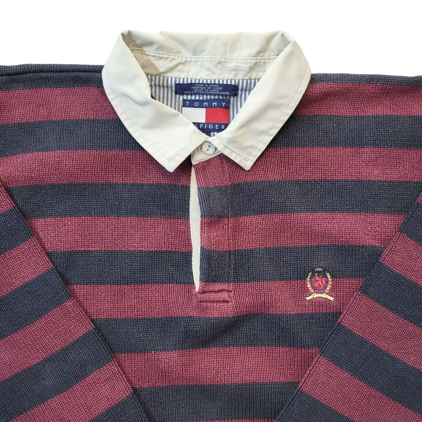 Tommy Hilfiger 90's Vintage Maroon & Black Stripe Collared Jumper Men's Size L