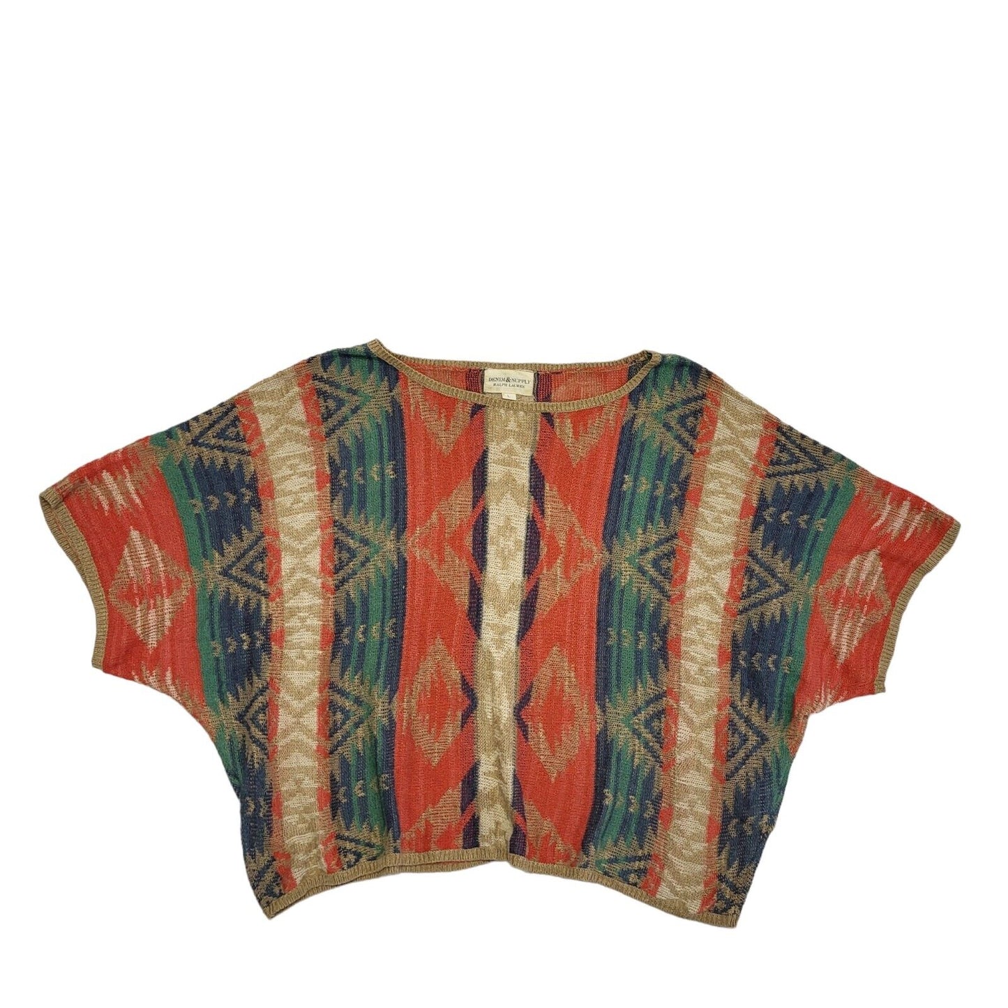 Ralph Lauren Y2KGreen Beige & Orange Short Sleeve Batwing Top Womens UK L