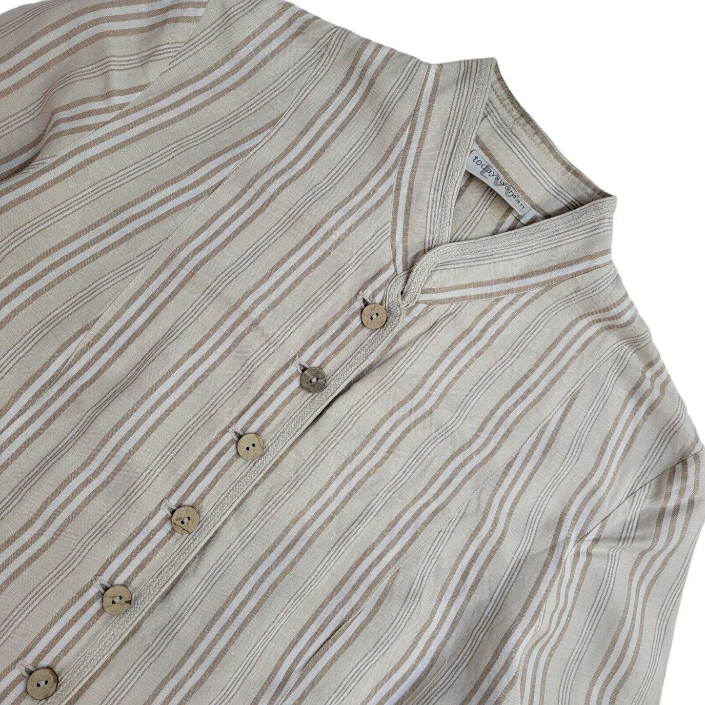 Today Woman 90s Beige Striped Long Sleeve Shirt Uk Women's Size 12