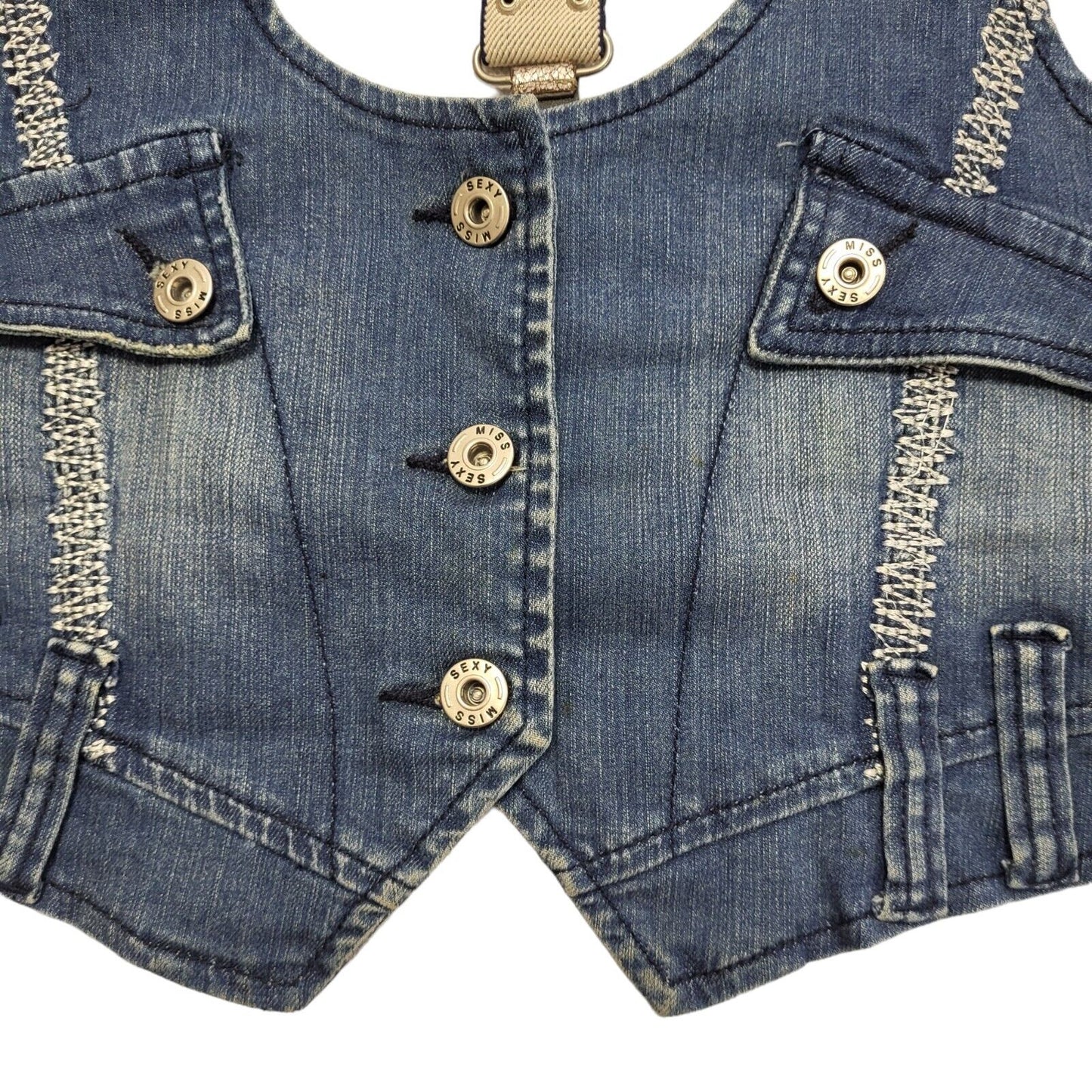 Miss Sexy Blue Denim Vintage Y2K Waistcoat Button Front Womens UK 6