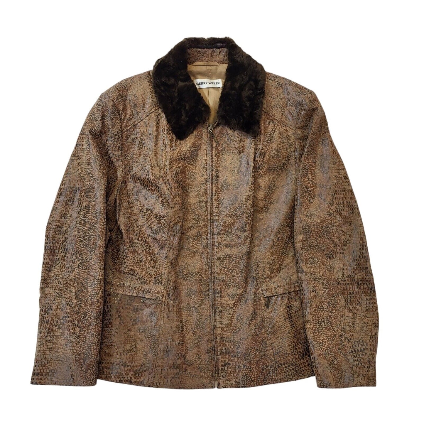 Gerry Weber 90s Brown Zip Up Leather Jacket Faux Fur Collar Women's Size 18