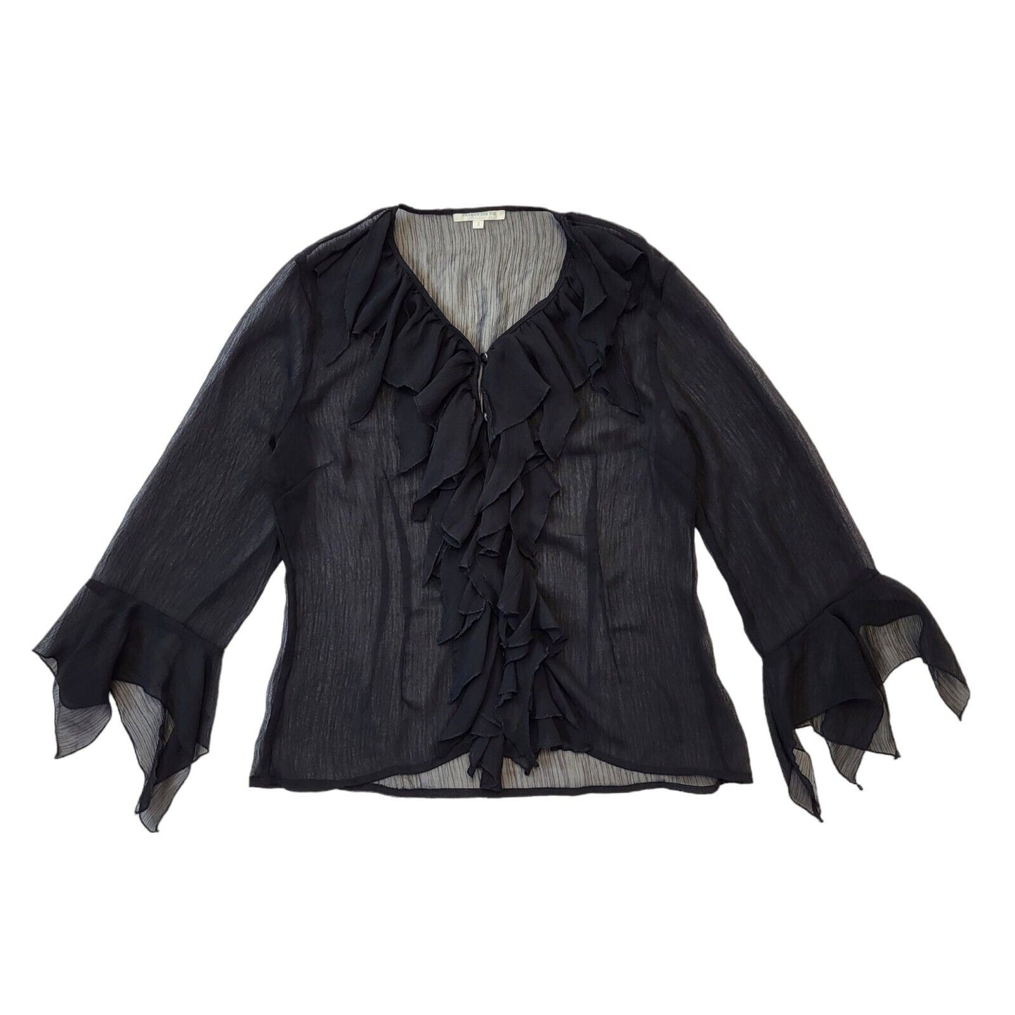 Jacqueline Rio Y2K Black Sheer Button Front Ruffle Blouse Women's Size 10