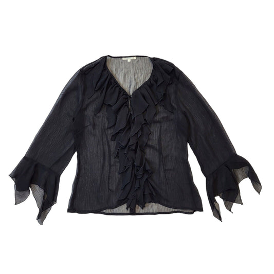 Jacqueline Rio Y2K Black Sheer Button Front Ruffle Blouse Women's Size 10