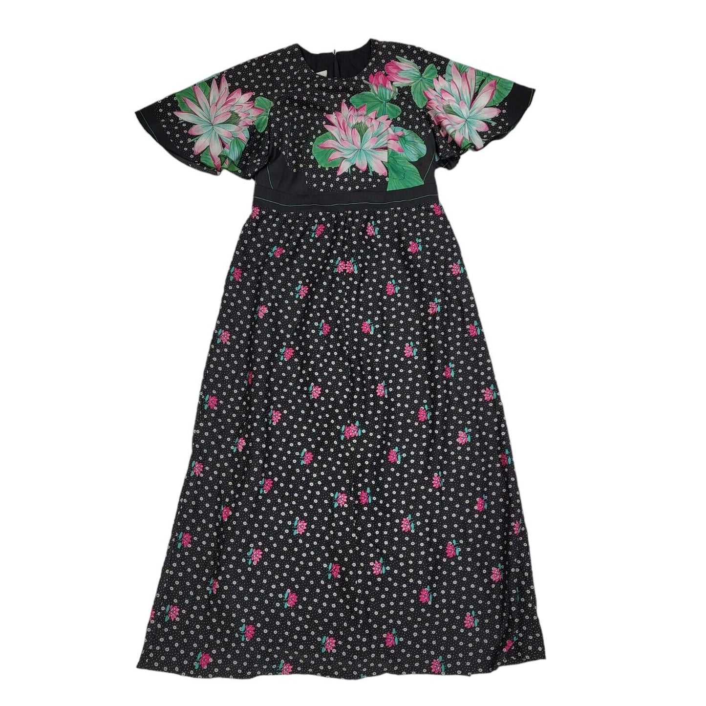 70s Vintage Black & Green Flutter Sleeve Floral Maxi Dress Women's 14