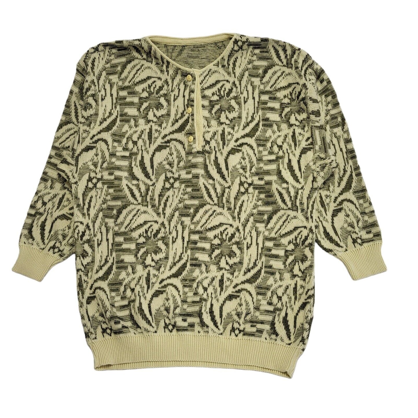 Vintage 90's Khaki Green Patterned 1/4 Button Jumper UK Womens Size XL