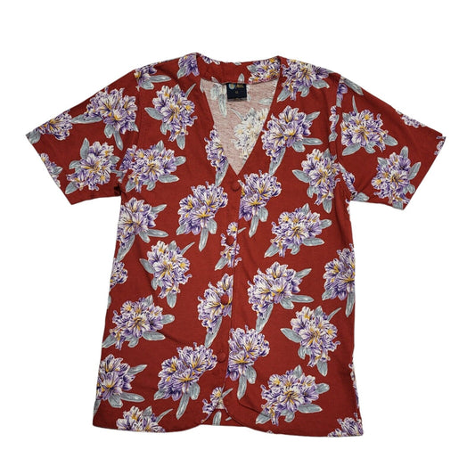 Sixth Sense 80s Short Sleeve Button Up Floral Red & Purple Blouse Womens UK 12