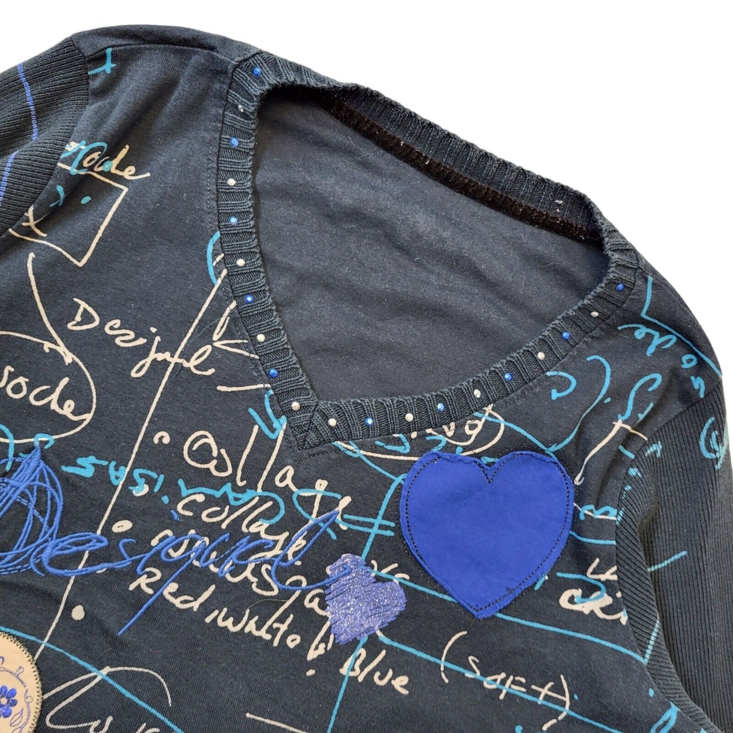 Desigual Y2K Vintage Navy Blue Hearts V-Neck Top Women's Medium