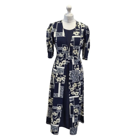 Exclusive 90s Vintage Blue White Floral Print Dress Women's Size 10 EU 38