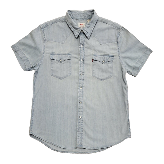 Levi's Vintage 90's Blue Pearl Snap Denim Short Sleeve Shirt Uk Women's Size M