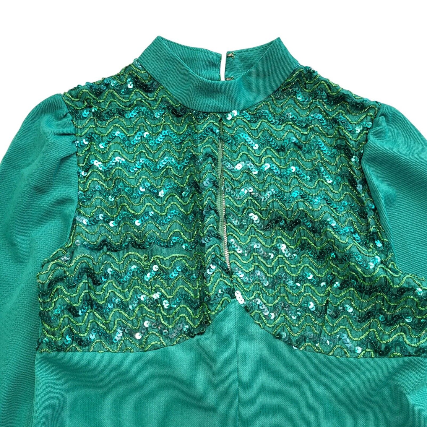 Vintage 70's Green Zip Evening Sequin A-Line Dress Uk Women's Size 14