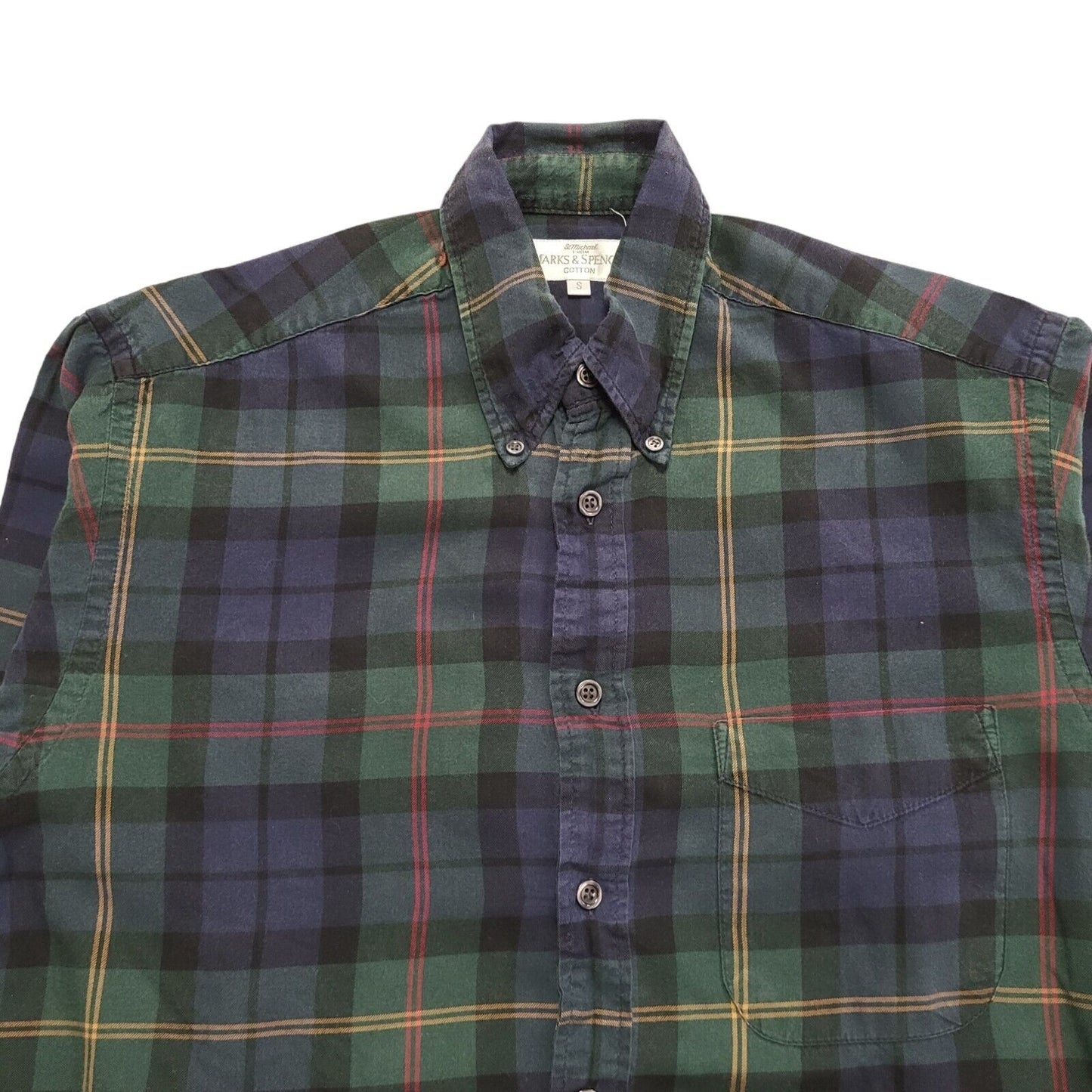Marks & Spencer Vintage 90s Blue Green Check Long Sleeve Shirt Uk Men's Size S