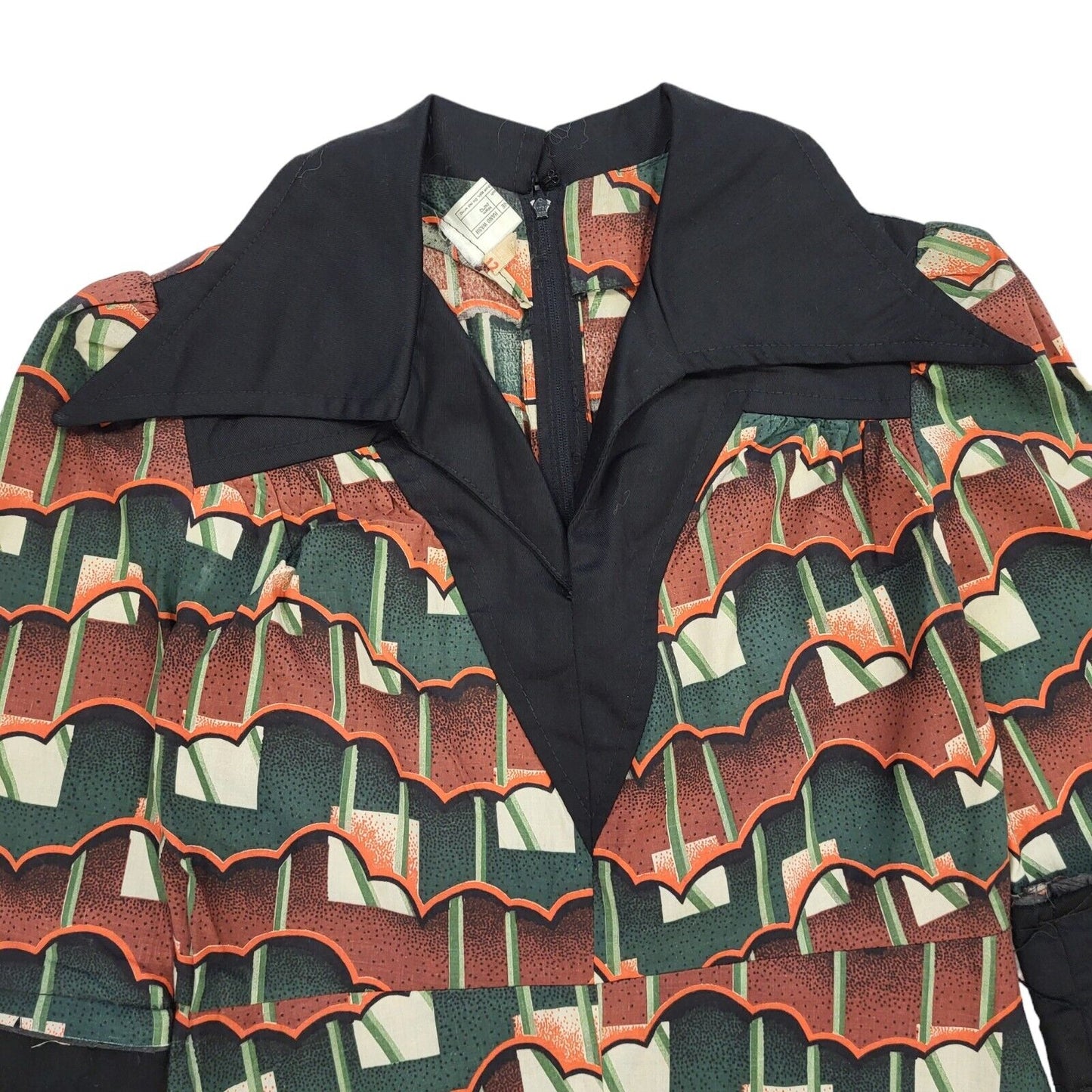 70s Vintage Brown & Green Geometric Collared Daywear Dress Women's UK 8