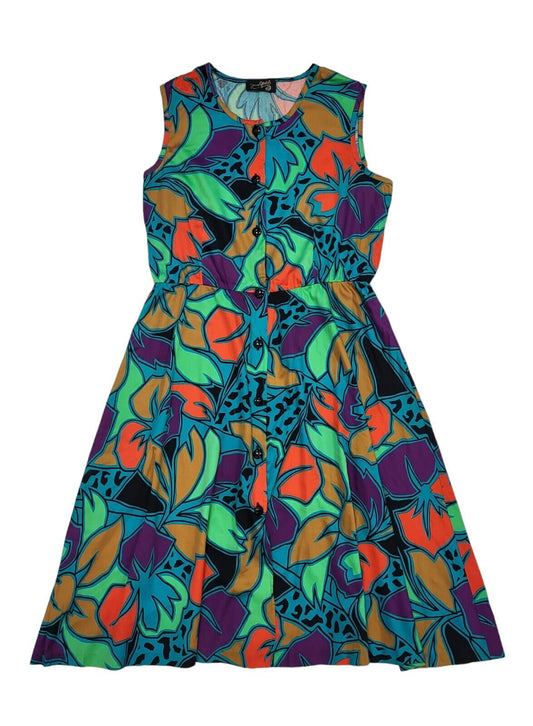 Jean Girard 80s Vintage Buttoned Fit & Flare Sleeveless Daywear Dress Women's 14
