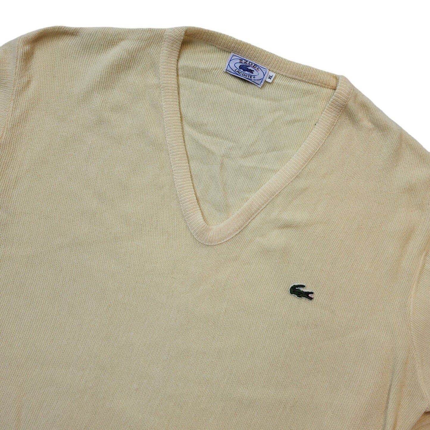 Izod Lacoste 80s Vintage Pale Yellow V-Neck Knitted Jumper Men's Size XL