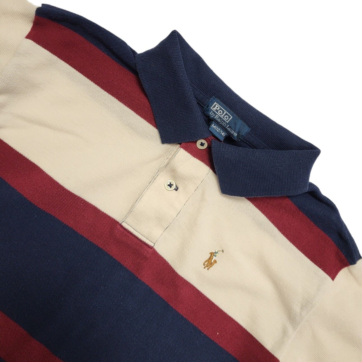 Ralph Lauren Y2K Blue Burgundy Striped Polo Shirt 90s Vintage Boys M Age 10-12