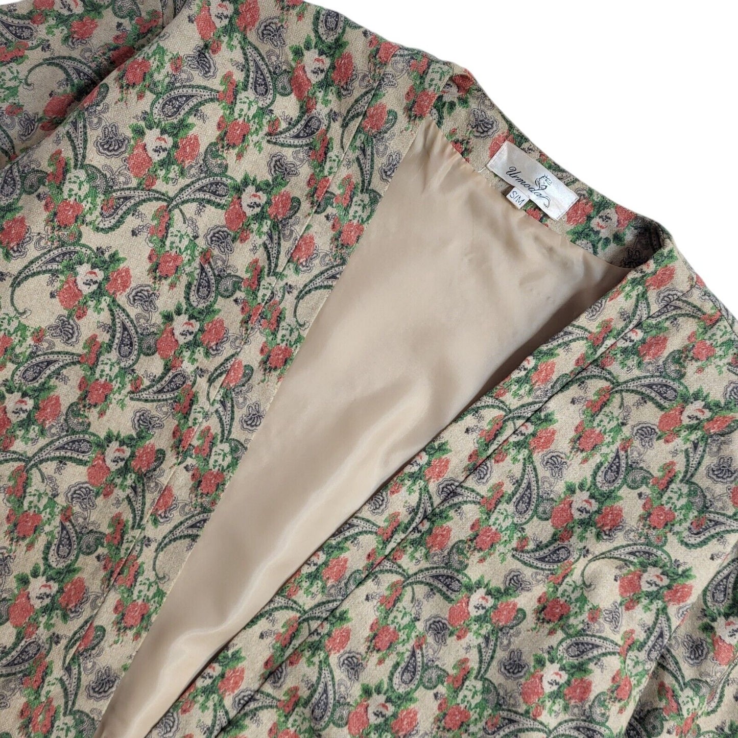 Urmoda 80s Floral Open Front Beige Short Sleeve Jacket Uk Women's Size Small
