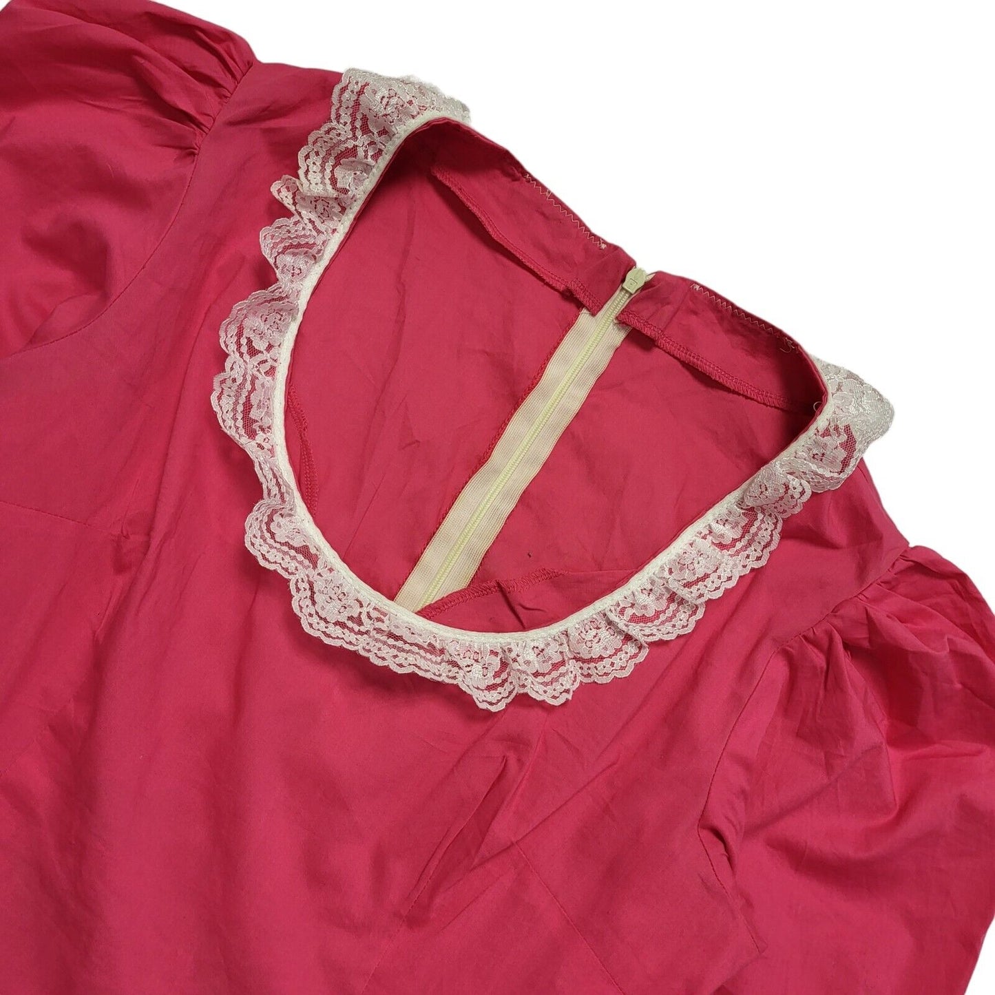 Vintage 80's Pink Prairie White Lace Trim Stretch Fit Summer Dress Womens UK 12