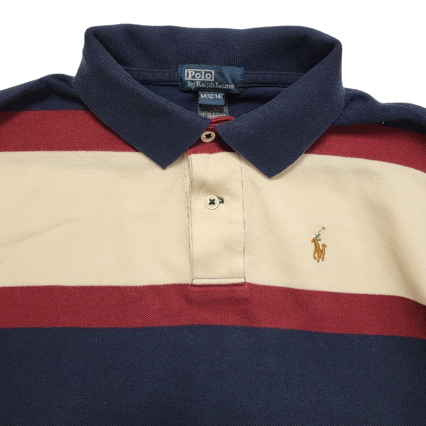 Ralph Lauren Y2K Blue Burgundy Striped Polo Shirt 90s Vintage Boys M Age 10-12