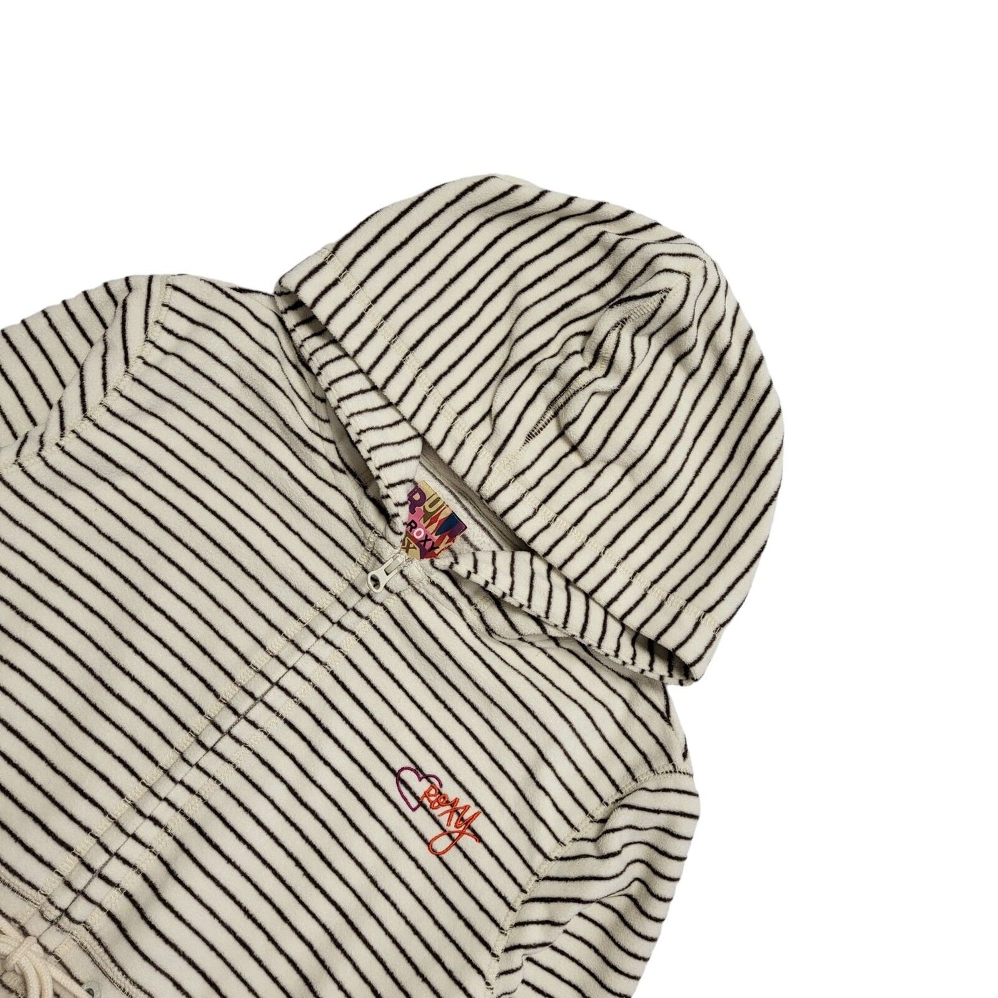 Roxy Vintage Y2K Hooded  Fleece  Beige Striped Full Zip Womens UK Large