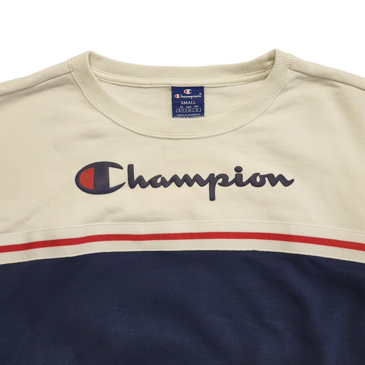 Champion Vintage 90's White & Blue Cropped Sweatshirt Womens UK Size S