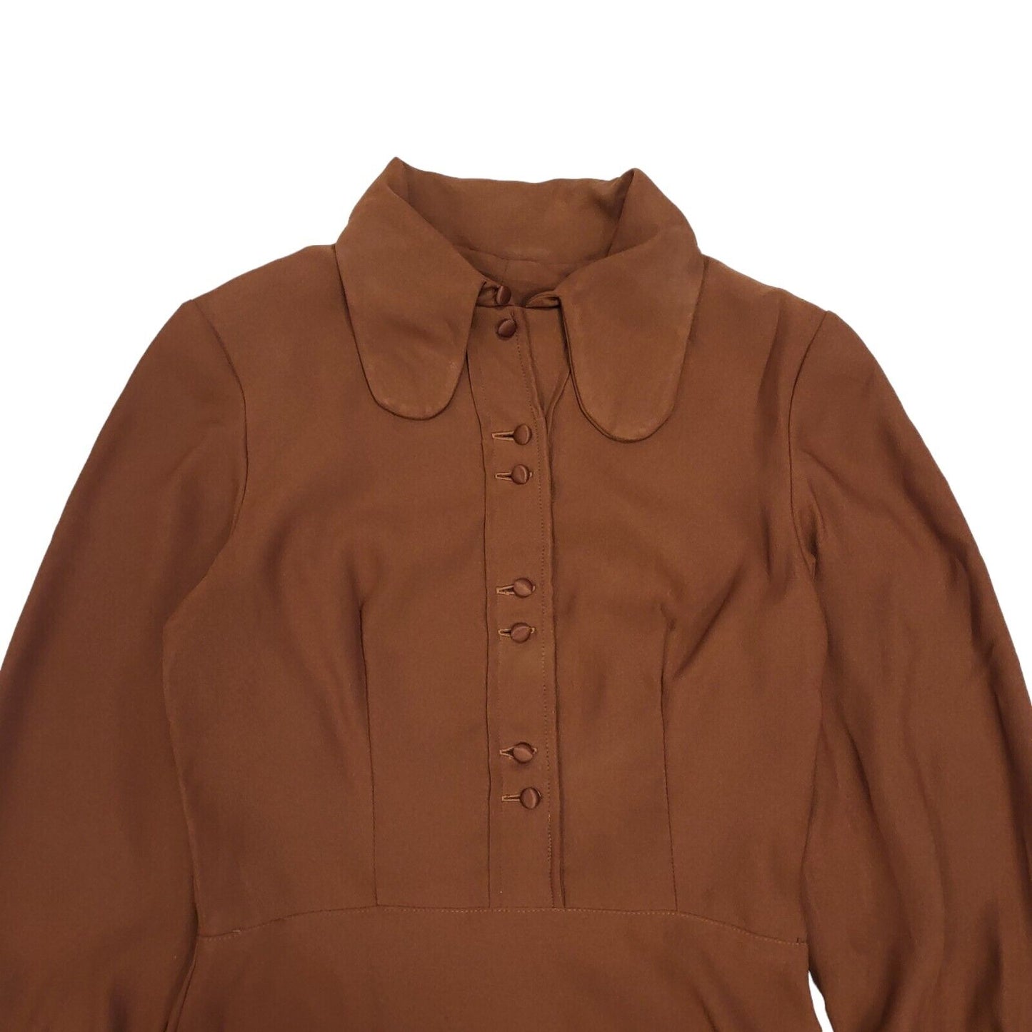 70s Vintage Brown Collared Long Sleeve Maxi Dress Women's 8