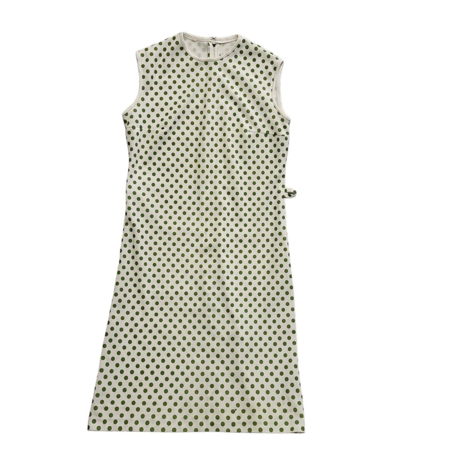 Vintage 70s Whit & Green Polka Sleeveless Dress Uk Women's Size 14