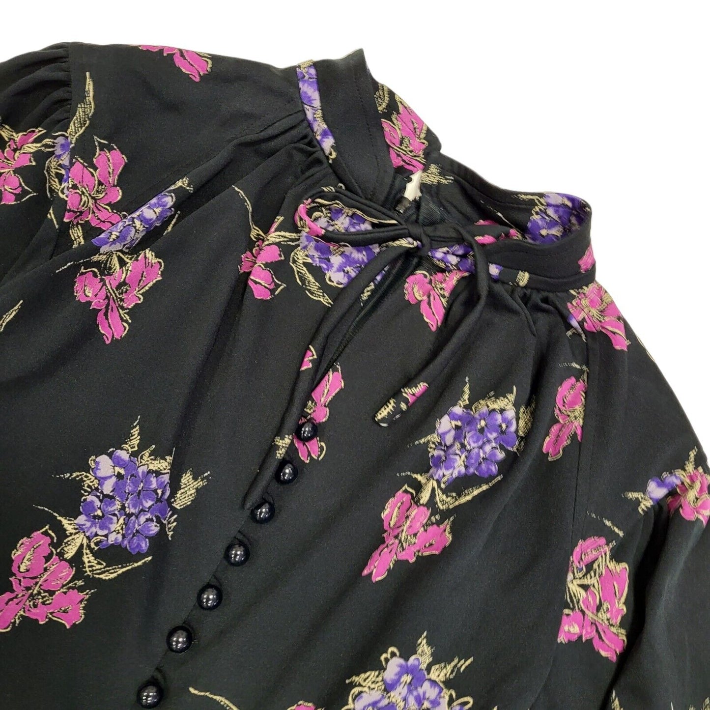 70s Vintage Black & Pink Floral Tied Neck Midi Dress Women's 10