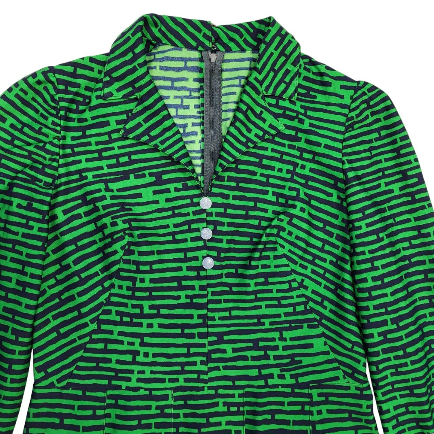 70s Vintage Green Abstract Collared Daywear Dress Women's 12