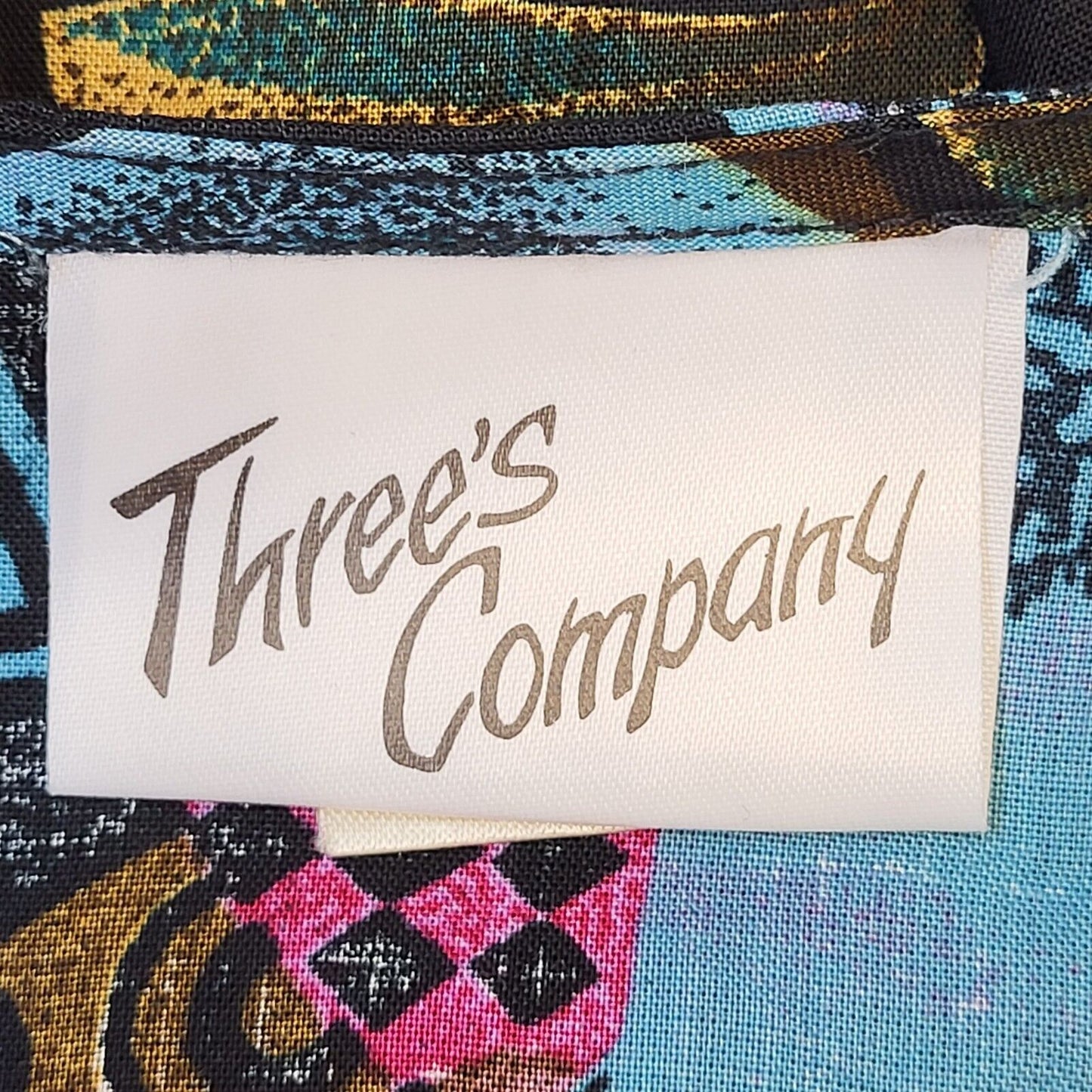 Three's Company 90s Vintage Black Blue 3/4 Sleeve Blouse Women's Size 14 Eu 42
