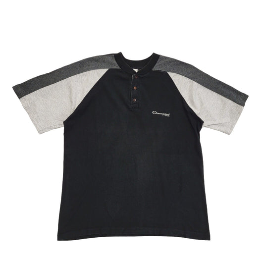 Chamipion Vintage 90s Grey & Black Henley Short Sleeve T-Shirt Mens UK Size XL