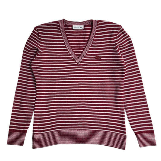 Lacoste Vintage 90's Red & White V-Neck Jumper UK Women's Size 10/12