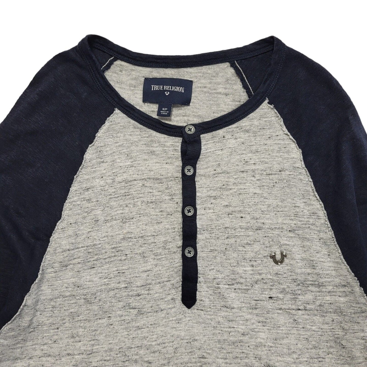 True Religion Henley Vintage 90s Blue & Grey Long Sleeve T-Shirt Mens UK Size S