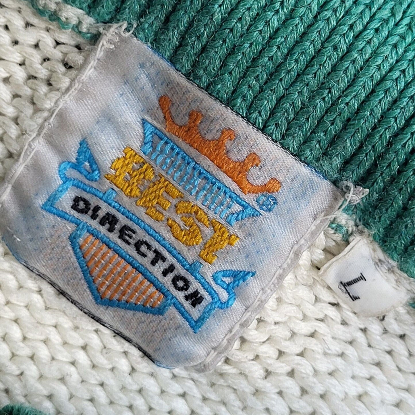 Best Direction Vintage 90's White Green Collared Jumper UK Men's Size L