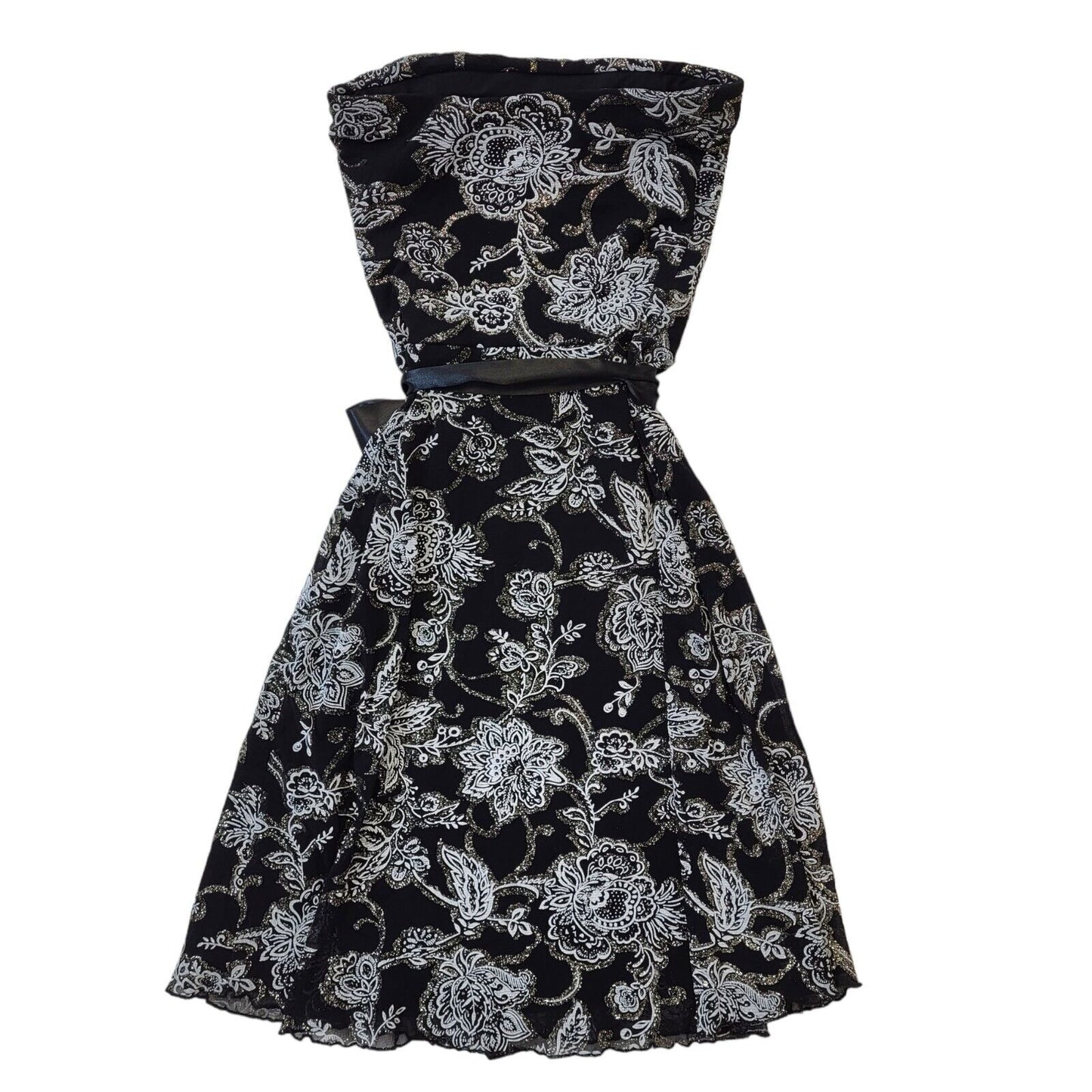 Jane Norman Y2K Strapless Black Glitter Floral Dress UK 10