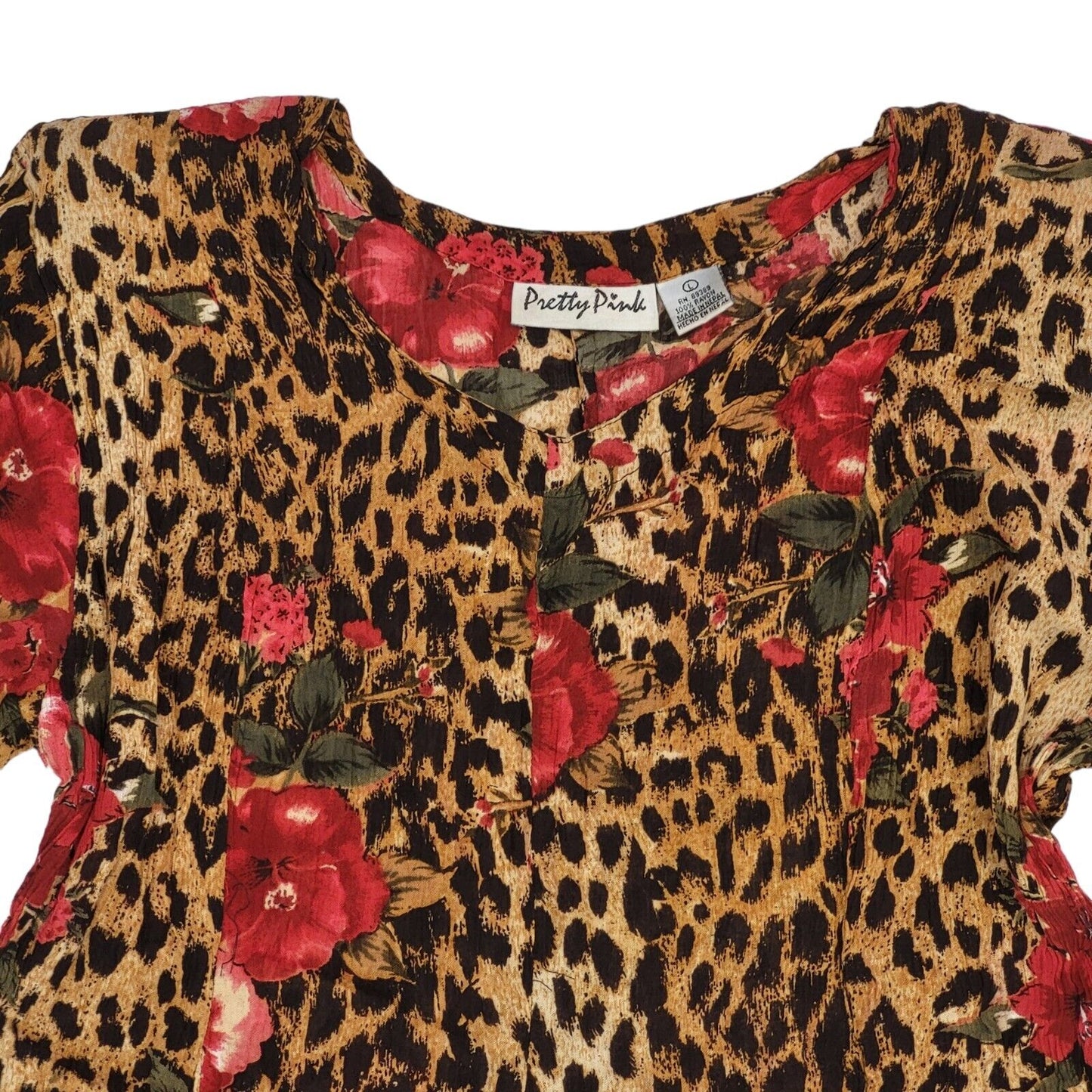 80s Vintage Pretty Pink Brown Leopard Print Fit & Flare Daywear Dress Women's L