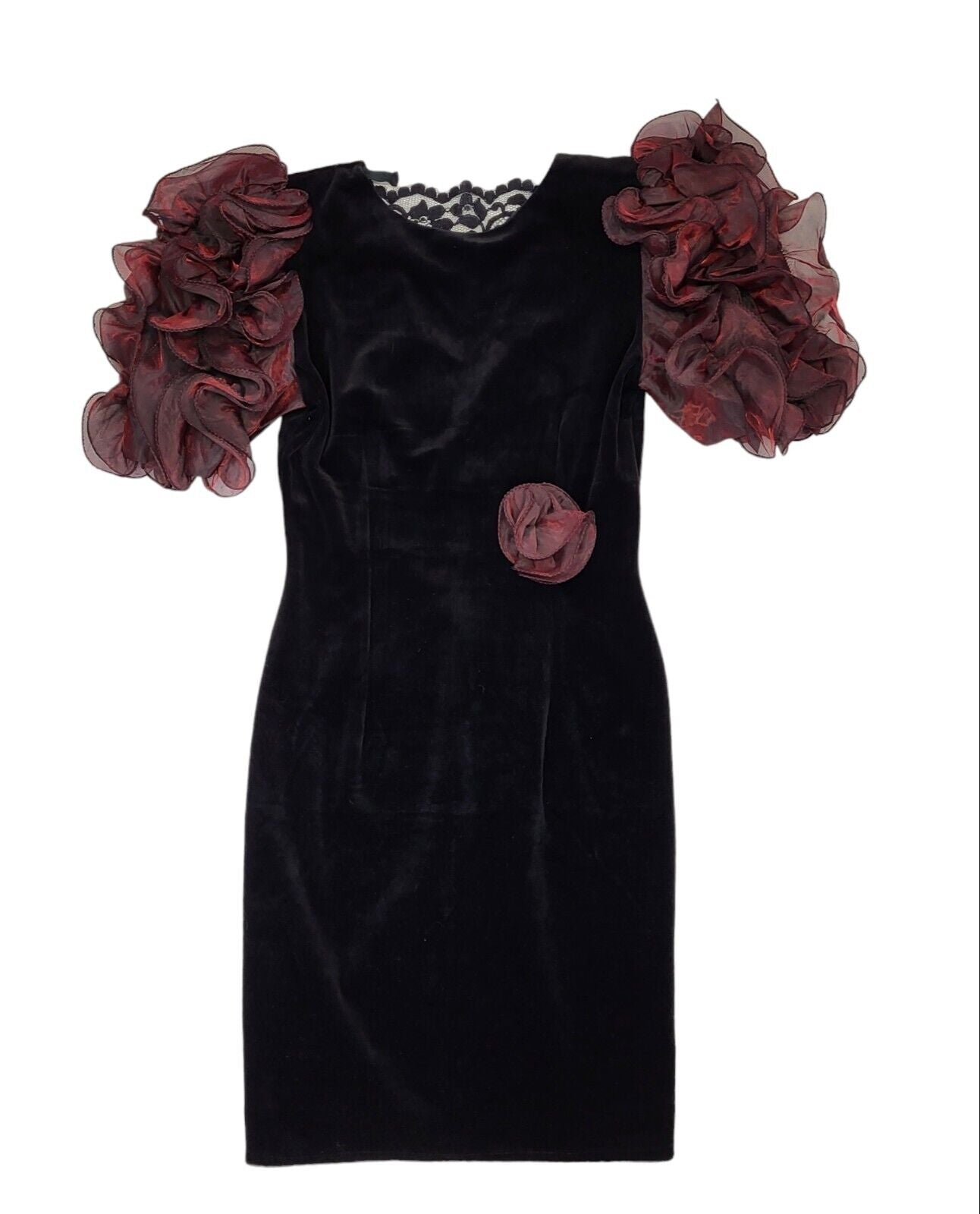 80s Vintage Yvonne Jacovous Black Plum Ruffle Velvet Evening Dress Women's 12